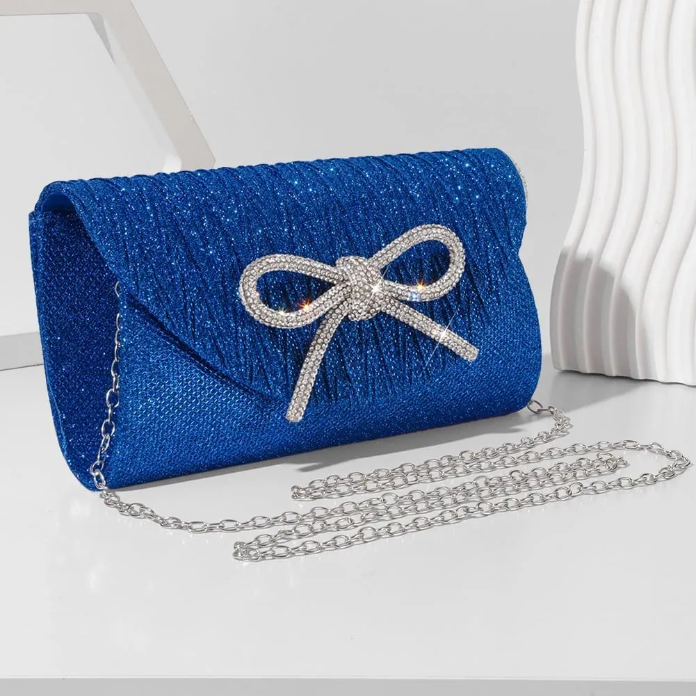 Glitter Clutch Bags for Women Bows Formal Handbag Satin Rhinestone Satchel Purse Wedding Party Prom Purse