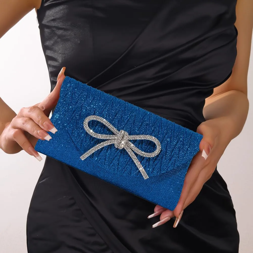 Glitter Clutch Bags for Women Bows Formal Handbag Satin Rhinestone Satchel Purse Wedding Party Prom Purse