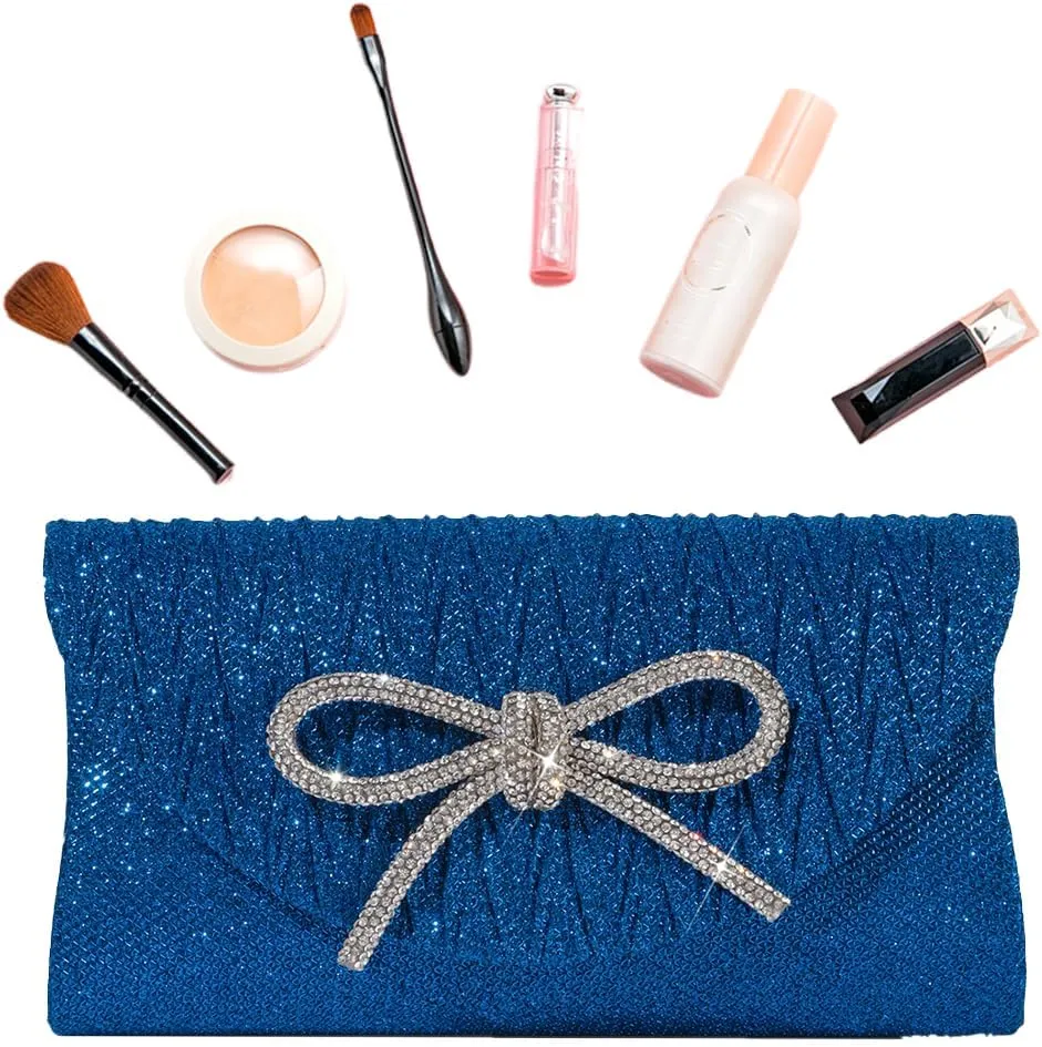 Glitter Clutch Bags for Women Bows Formal Handbag Satin Rhinestone Satchel Purse Wedding Party Prom Purse