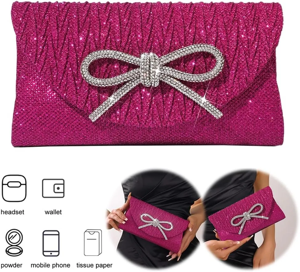 Glitter Clutch Bags for Women Bows Formal Handbag Satin Rhinestone Satchel Purse Wedding Party Prom Purse