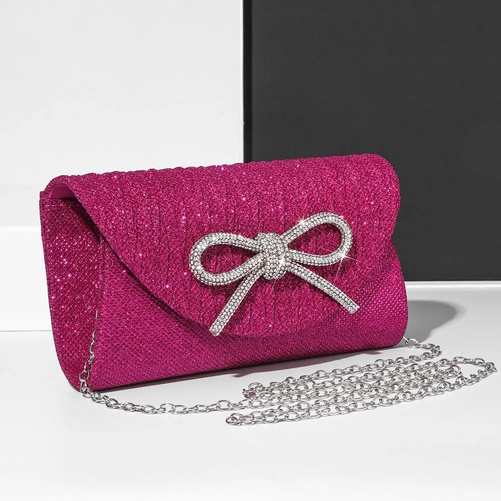 Glitter Clutch Bags for Women Bows Formal Handbag Satin Rhinestone Satchel Purse Wedding Party Prom Purse