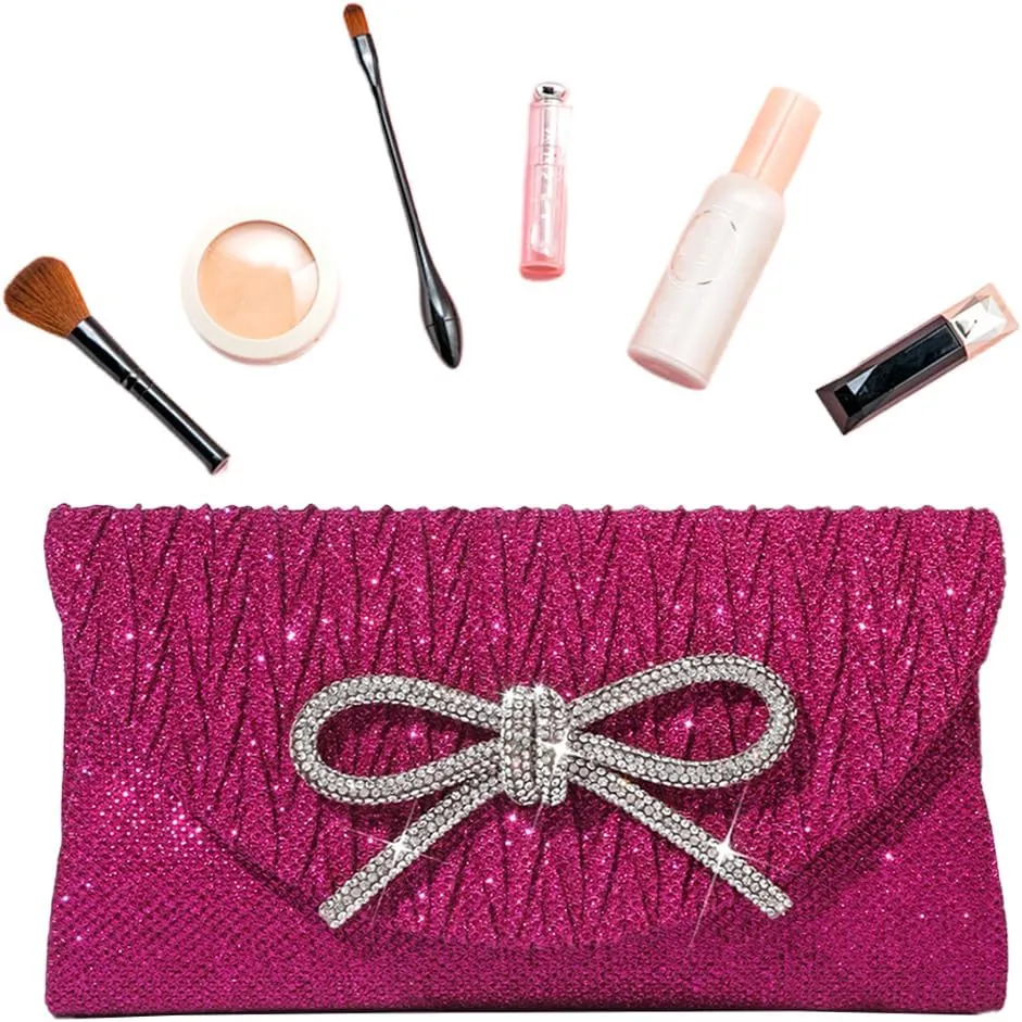 Glitter Clutch Bags for Women Bows Formal Handbag Satin Rhinestone Satchel Purse Wedding Party Prom Purse