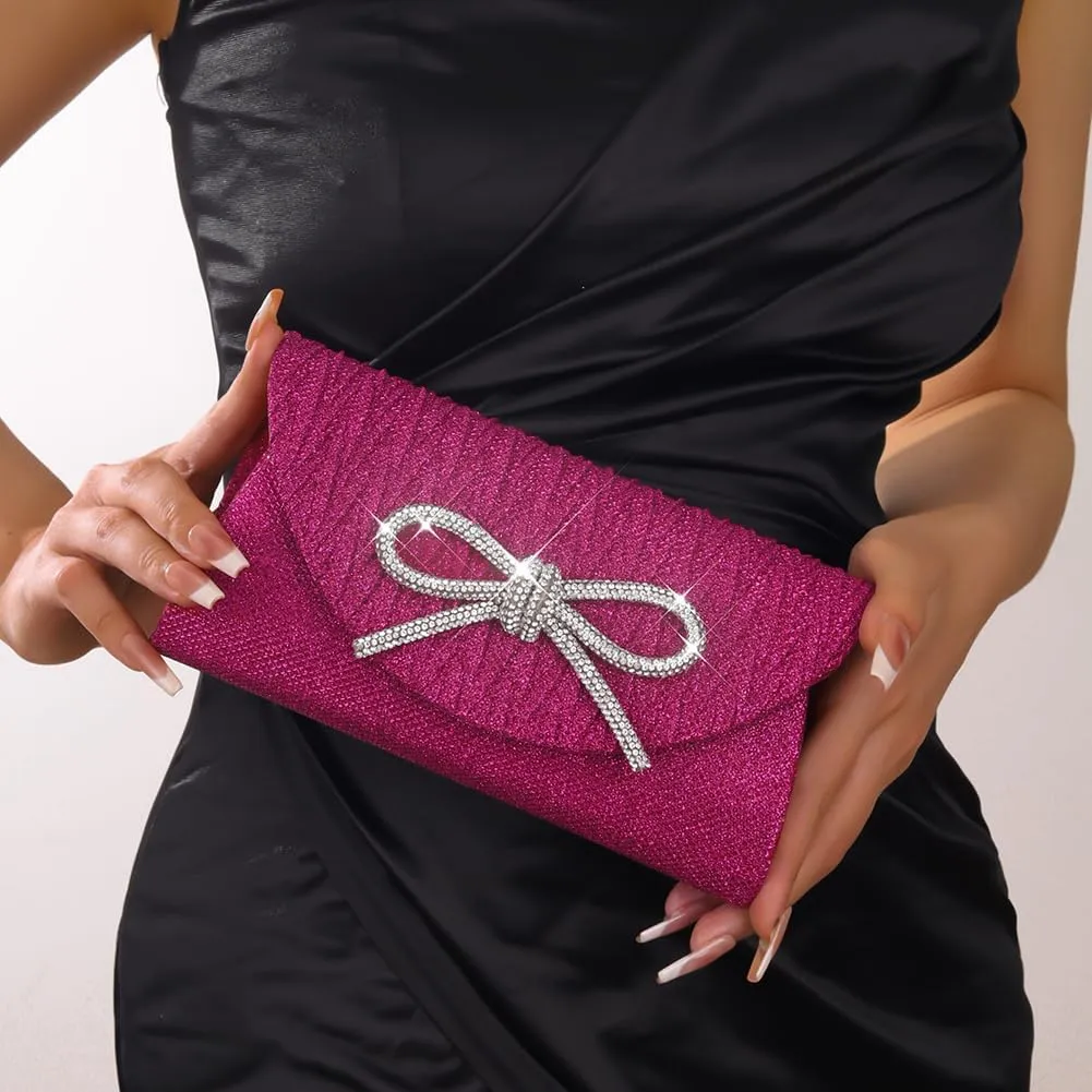 Glitter Clutch Bags for Women Bows Formal Handbag Satin Rhinestone Satchel Purse Wedding Party Prom Purse