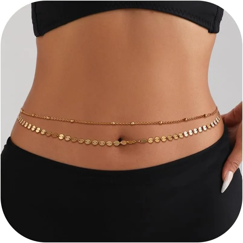 Gold Waist Chains for Women 14K Gold Plated Belly Chains Multilayer Satellite Beads Coin Body Chains for Waist Summer Beach Bikini Chain Adjustable