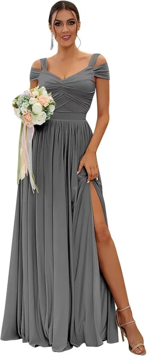 Grey Bridesmaid Dresses for Wedding Off The Shoulder Chiffon V-Neck Formal Evening Gown with Slit Size 8