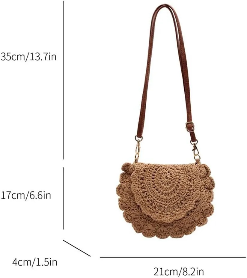 Handmade Hallow-out Lace Crochet Crossbody Bag, Summer Beach Bohemian Style Woven Shoulder Satchel Purse with Leather Strap
