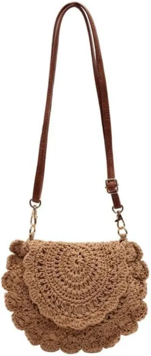 Handmade Hallow-out Lace Crochet Crossbody Bag, Summer Beach Bohemian Style Woven Shoulder Satchel Purse with Leather Strap