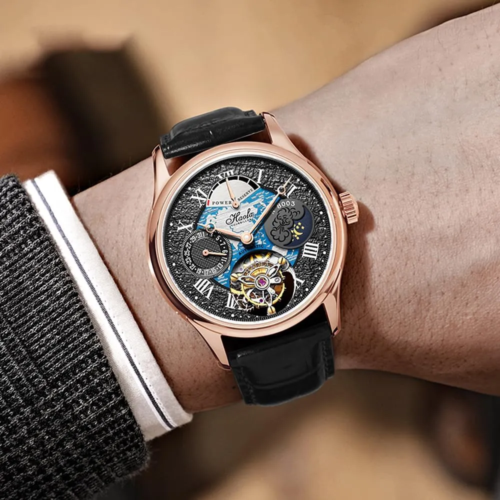 Haofa Automatic Tourbillon Mechanical Power Reserve Display Celander Day and Night Display Men Watch Self Wind Wristwatches Luxury Watches for Men 8003