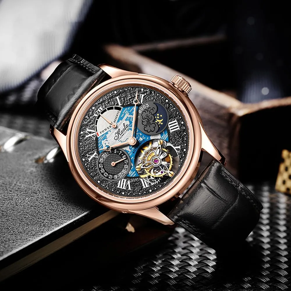 Haofa Automatic Tourbillon Mechanical Power Reserve Display Celander Day and Night Display Men Watch Self Wind Wristwatches Luxury Watches for Men 8003