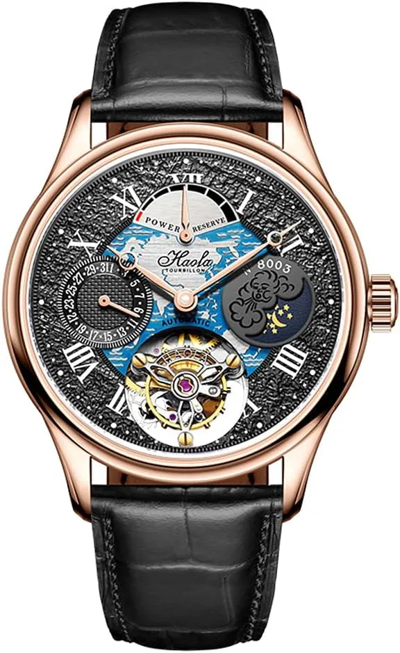Haofa Automatic Tourbillon Mechanical Power Reserve Display Celander Day and Night Display Men Watch Self Wind Wristwatches Luxury Watches for Men 8003