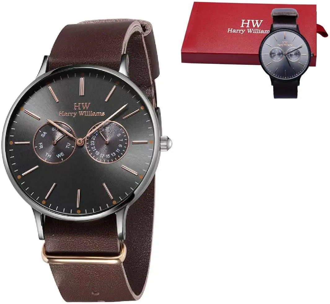 Harry Williams Men's Quartz Watches. Large Face Luxury Double Sub-Dial All Stainless Steel Fashion Business Watch for Men, Genuine Leather Strap, 3 ATM Waterproof. Curve Glass Elegance Timepieces