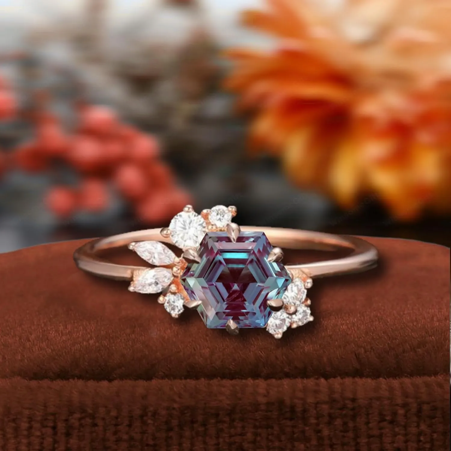 Hexagon Cut Lab Created Alexandrite Ring, Sterling Silver with Rose Gold Plating, CZ Accents