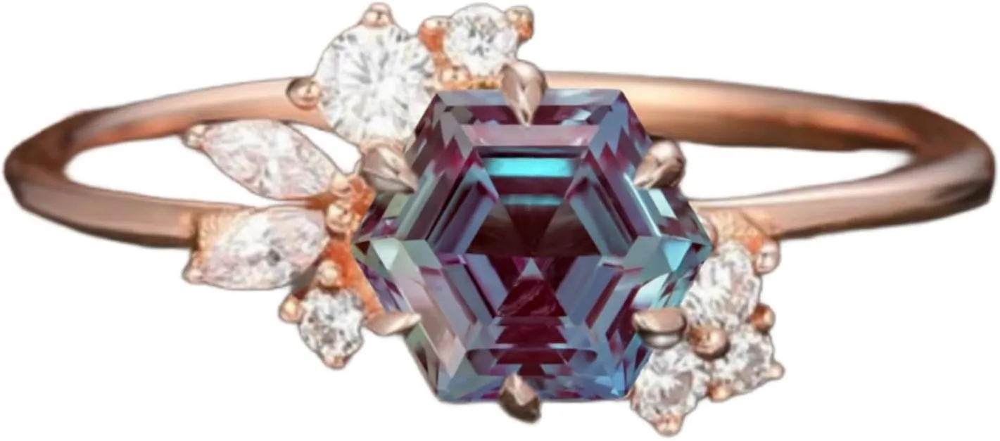 Hexagon Cut Lab Created Alexandrite Ring, Sterling Silver with Rose Gold Plating, CZ Accents