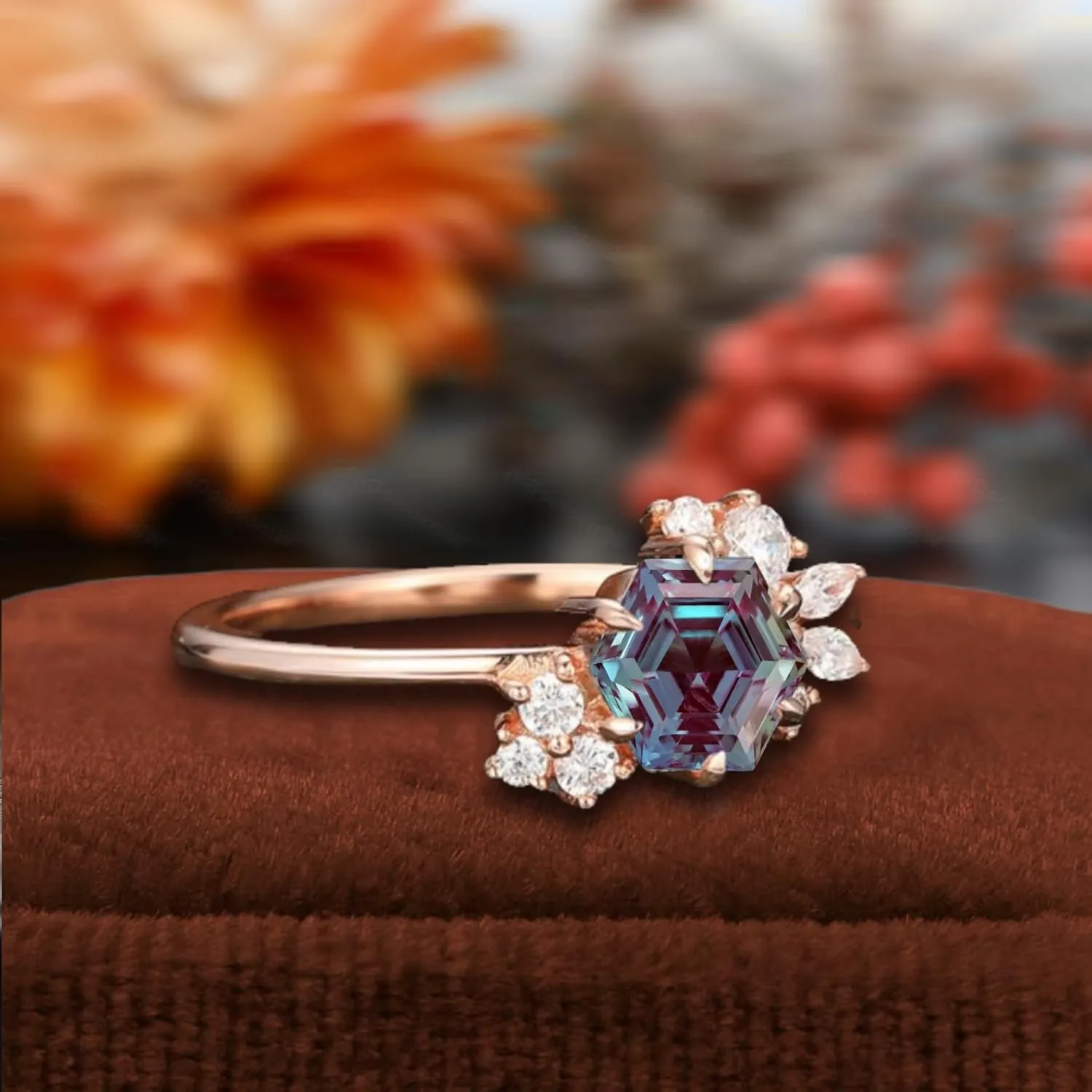 Hexagon Cut Lab Created Alexandrite Ring, Sterling Silver with Rose Gold Plating, CZ Accents