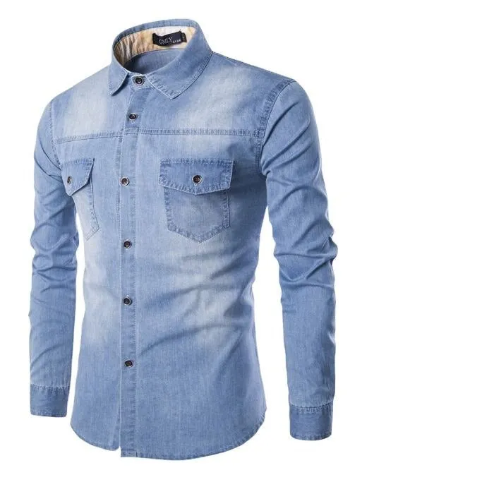 High Quality Streetwear Denim Shirt Cotton Casual Slim Fit Full Sleeves Top | 1818-C993