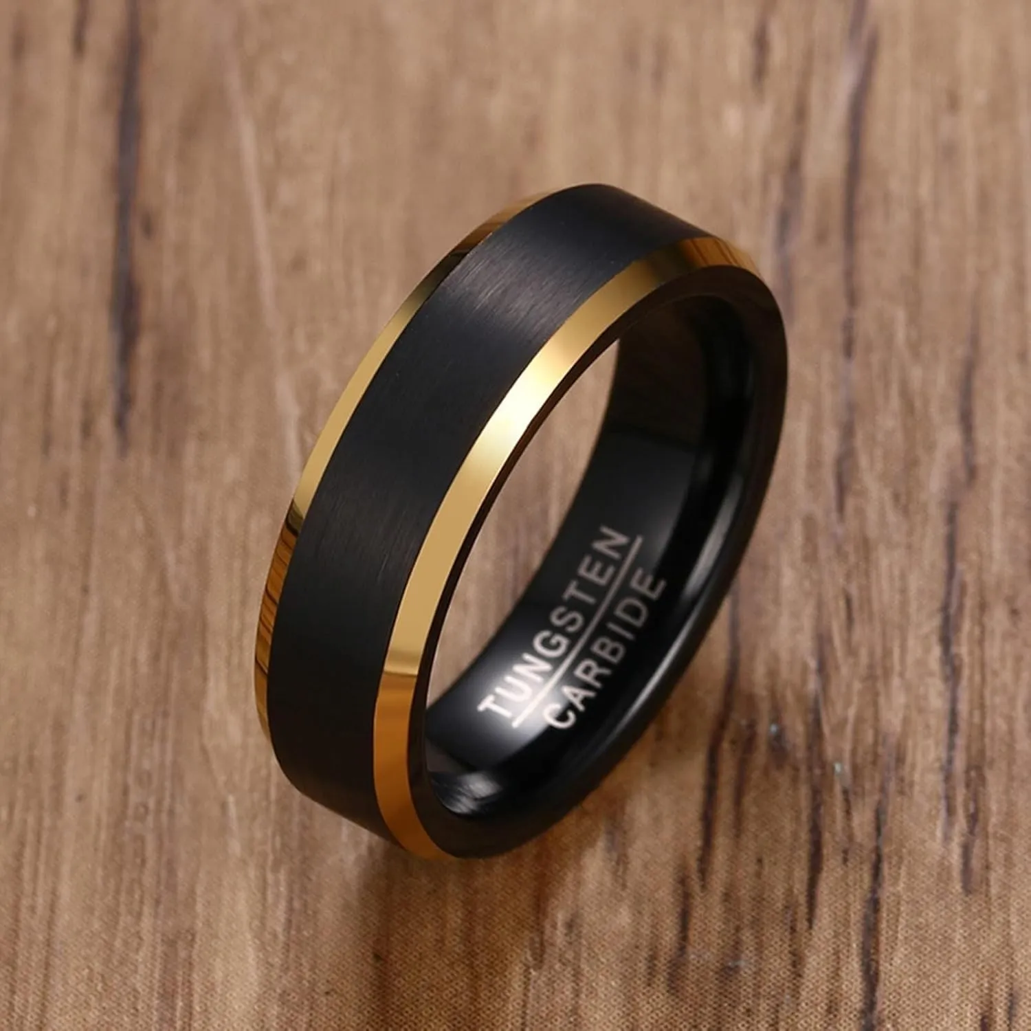 His and Her Couples Rings, Tungsten Wedding Rings for Couples Set Comfort Fit 6mm Black Brushed Ring with Gold Edge