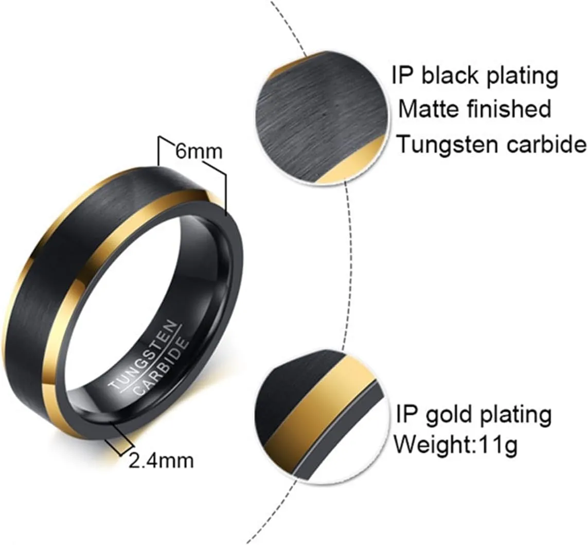 His and Her Couples Rings, Tungsten Wedding Rings for Couples Set Comfort Fit 6mm Black Brushed Ring with Gold Edge