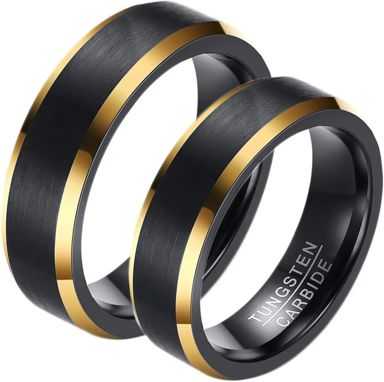 His and Her Couples Rings, Tungsten Wedding Rings for Couples Set Comfort Fit 6mm Black Brushed Ring with Gold Edge