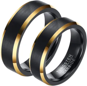 His and Her Couples Rings, Tungsten Wedding Rings for Couples Set Comfort Fit 6mm Black Brushed Ring with Gold Edge