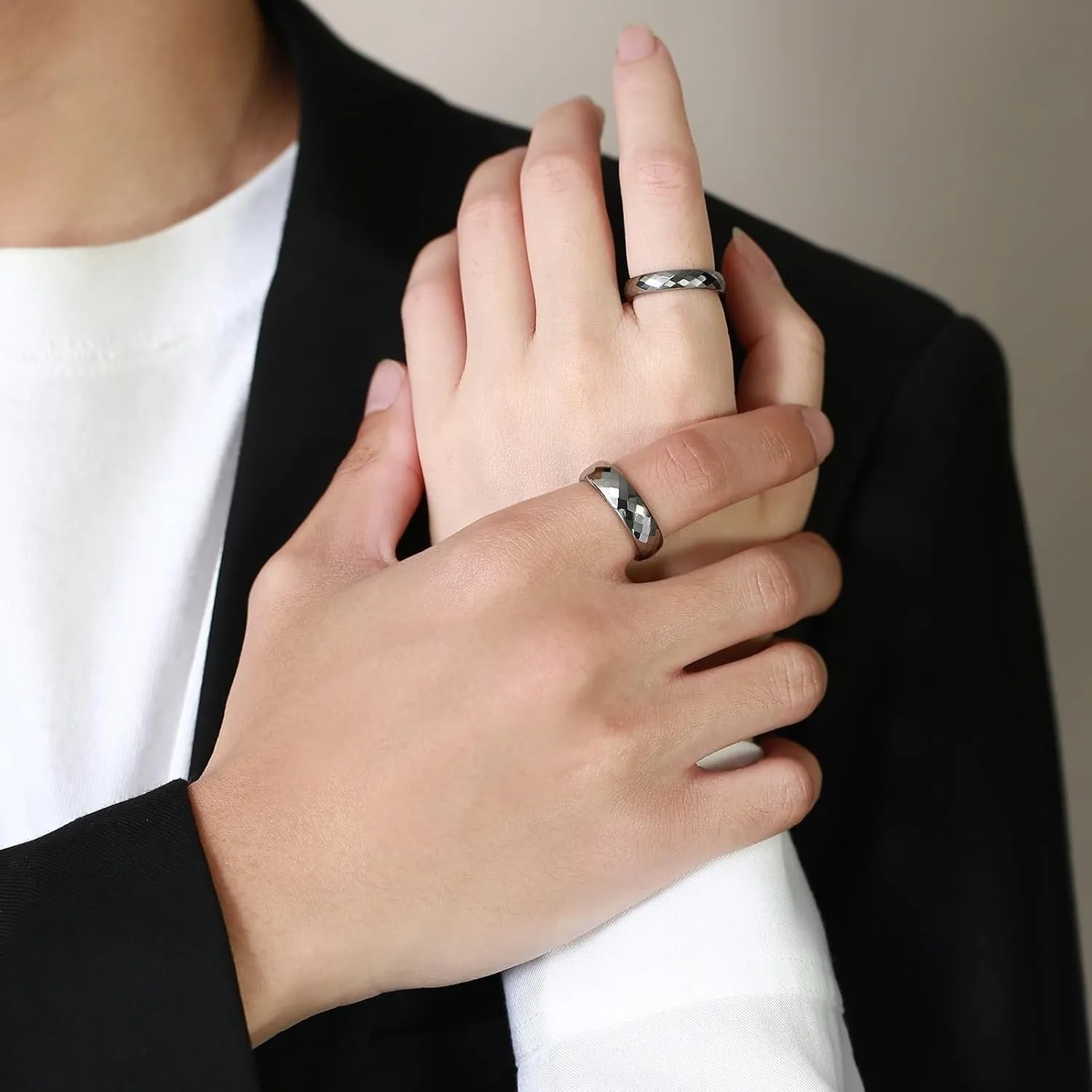 His and Her Couples Rings, Tungsten Wedding Rings for Couples Set Comfort Fit Multi-faceted Silver Ring 4mm 6mm