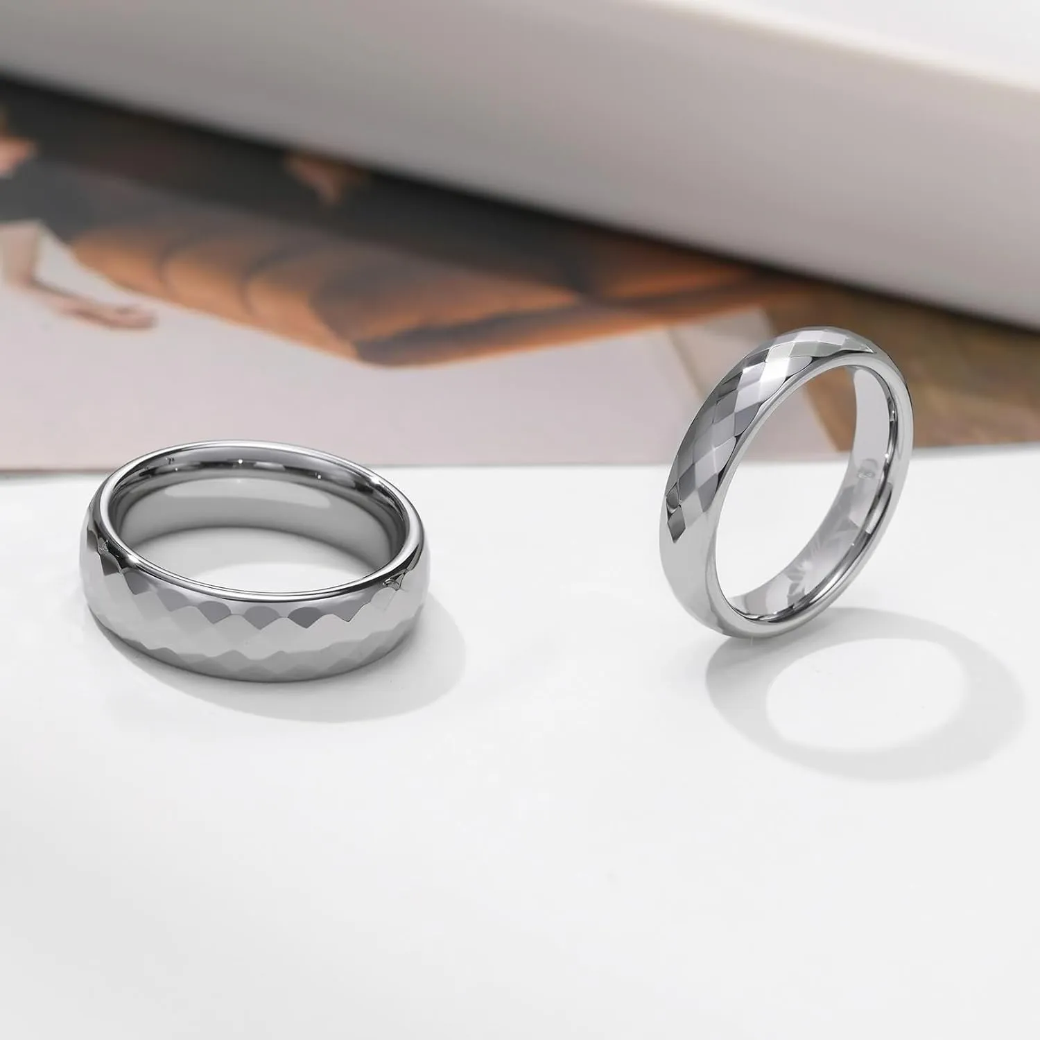 His and Her Couples Rings, Tungsten Wedding Rings for Couples Set Comfort Fit Multi-faceted Silver Ring 4mm 6mm