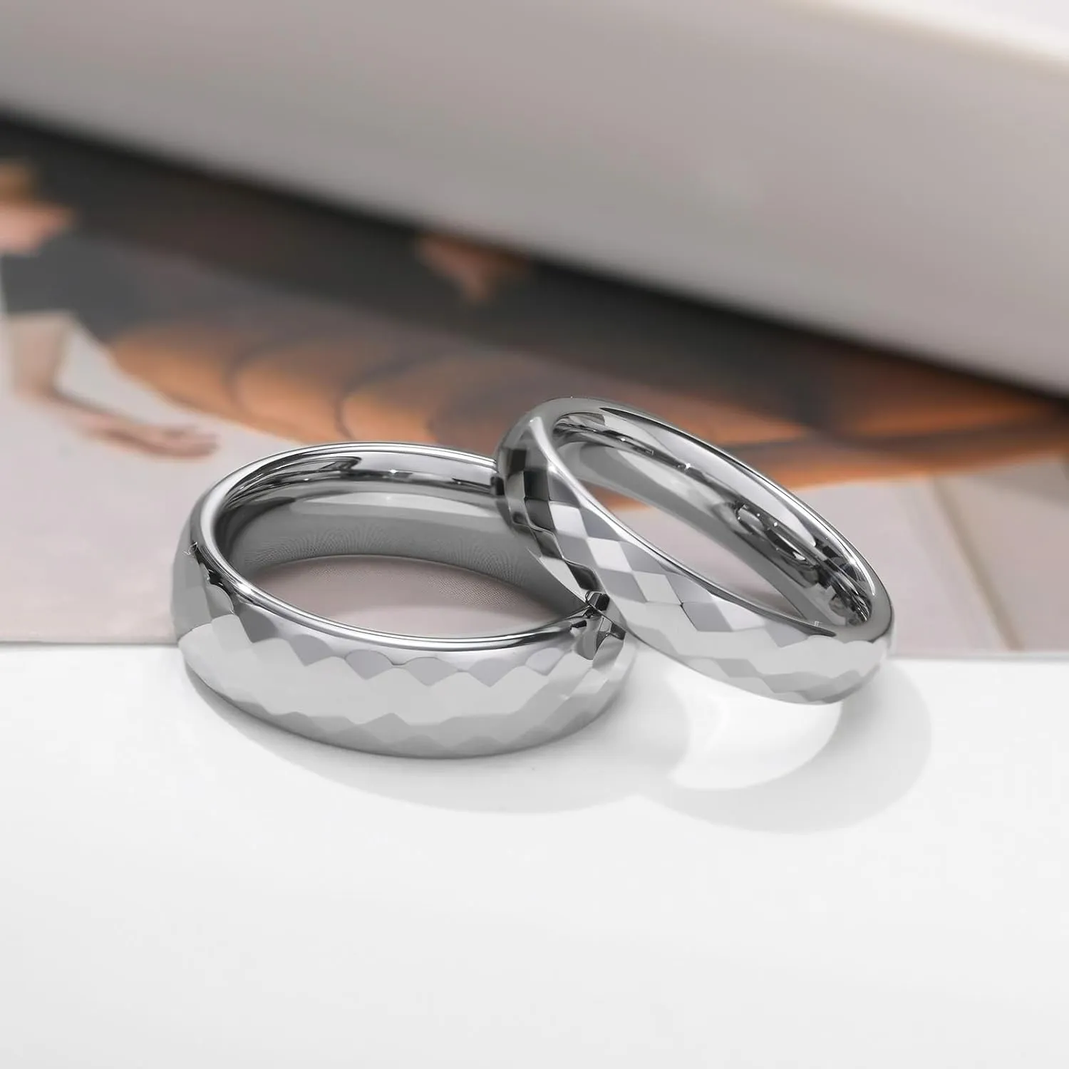 His and Her Couples Rings, Tungsten Wedding Rings for Couples Set Comfort Fit Multi-faceted Silver Ring 4mm 6mm