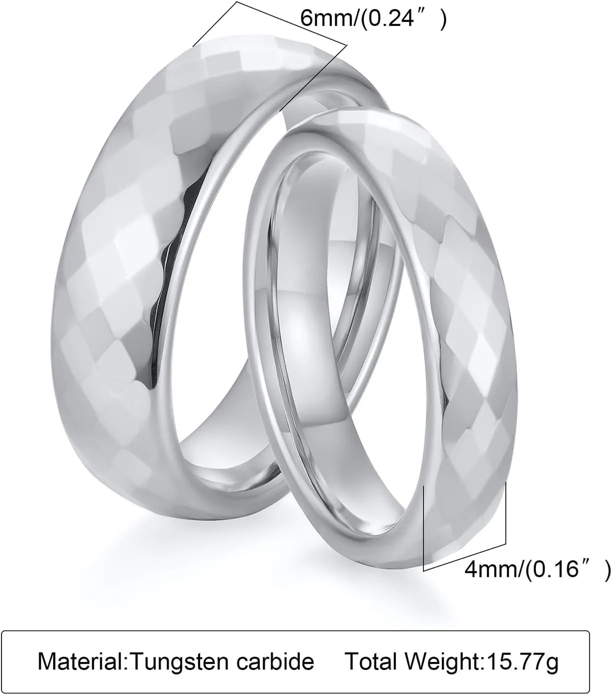 His and Her Couples Rings, Tungsten Wedding Rings for Couples Set Comfort Fit Multi-faceted Silver Ring 4mm 6mm