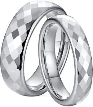 His and Her Couples Rings, Tungsten Wedding Rings for Couples Set Comfort Fit Multi-faceted Silver Ring 4mm 6mm