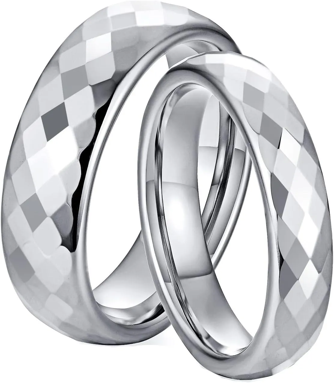 His and Her Couples Rings, Tungsten Wedding Rings for Couples Set Comfort Fit Multi-faceted Silver Ring 4mm 6mm