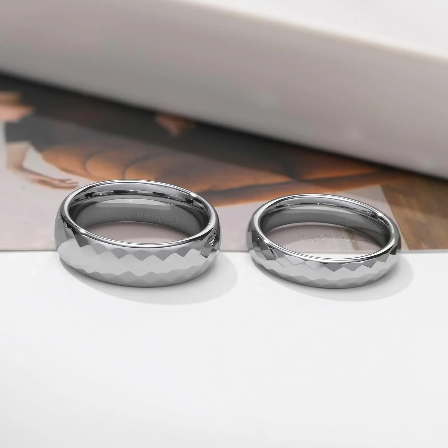 His and Her Couples Rings, Tungsten Wedding Rings for Couples Set Comfort Fit Multi-faceted Silver Ring 4mm 6mm