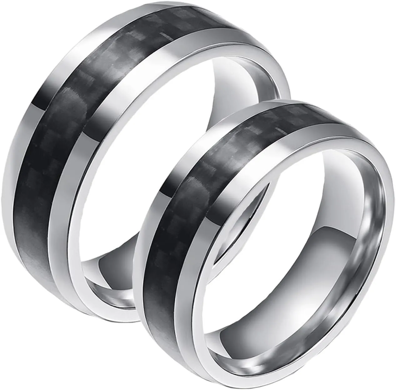 His and Hers Matching Rings Sets, Stainless Steel Anniversary Rings for Couple Comfort Fit 8mm Silver Ring Carbon Fiber