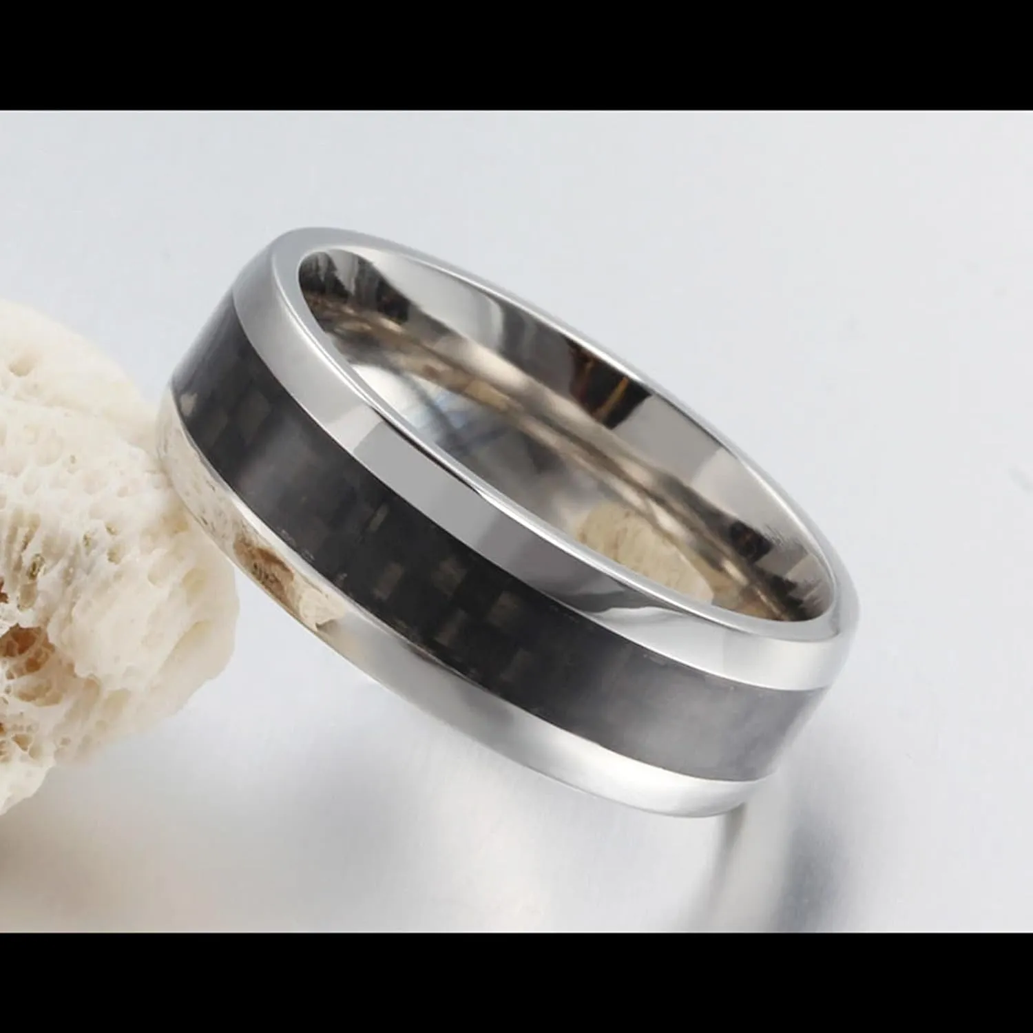 His and Hers Matching Rings Sets, Stainless Steel Anniversary Rings for Couple Comfort Fit 8mm Silver Ring Carbon Fiber