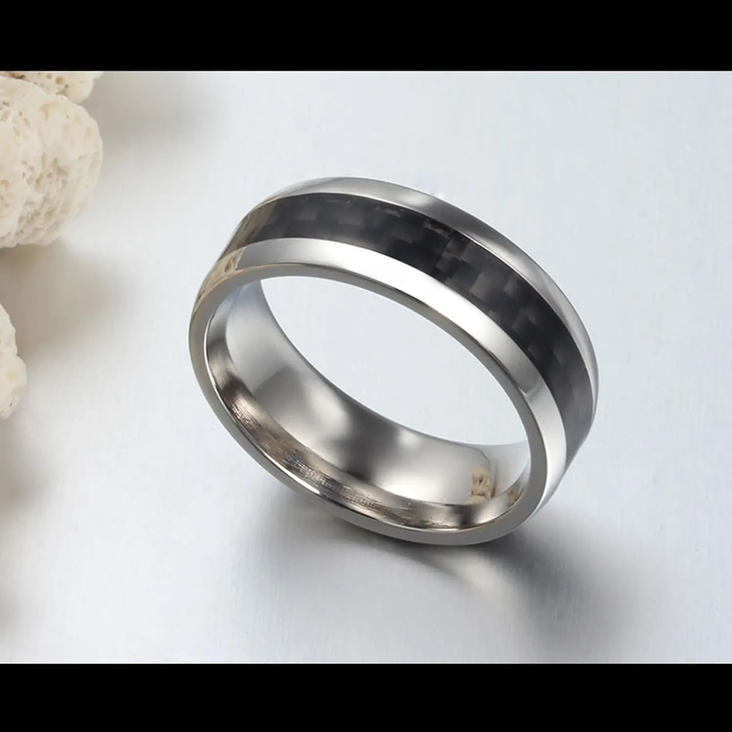 His and Hers Matching Rings Sets, Stainless Steel Anniversary Rings for Couple Comfort Fit 8mm Silver Ring Carbon Fiber