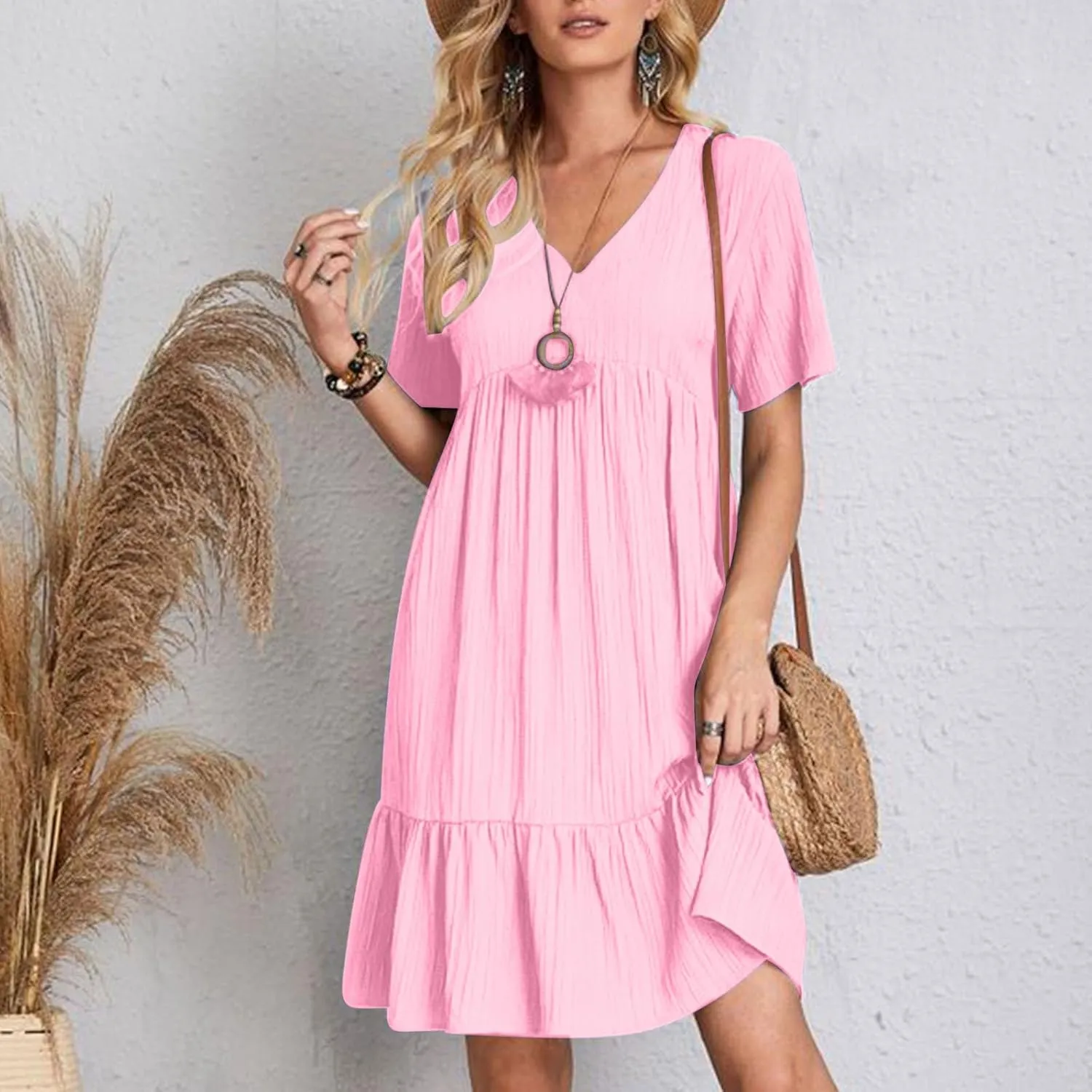 HJuyYuah Tiered A Line Knee Length Wedding Guest Midi Dress with Sleeves Casual Womens Flowy Summer Dresses for Women 2025