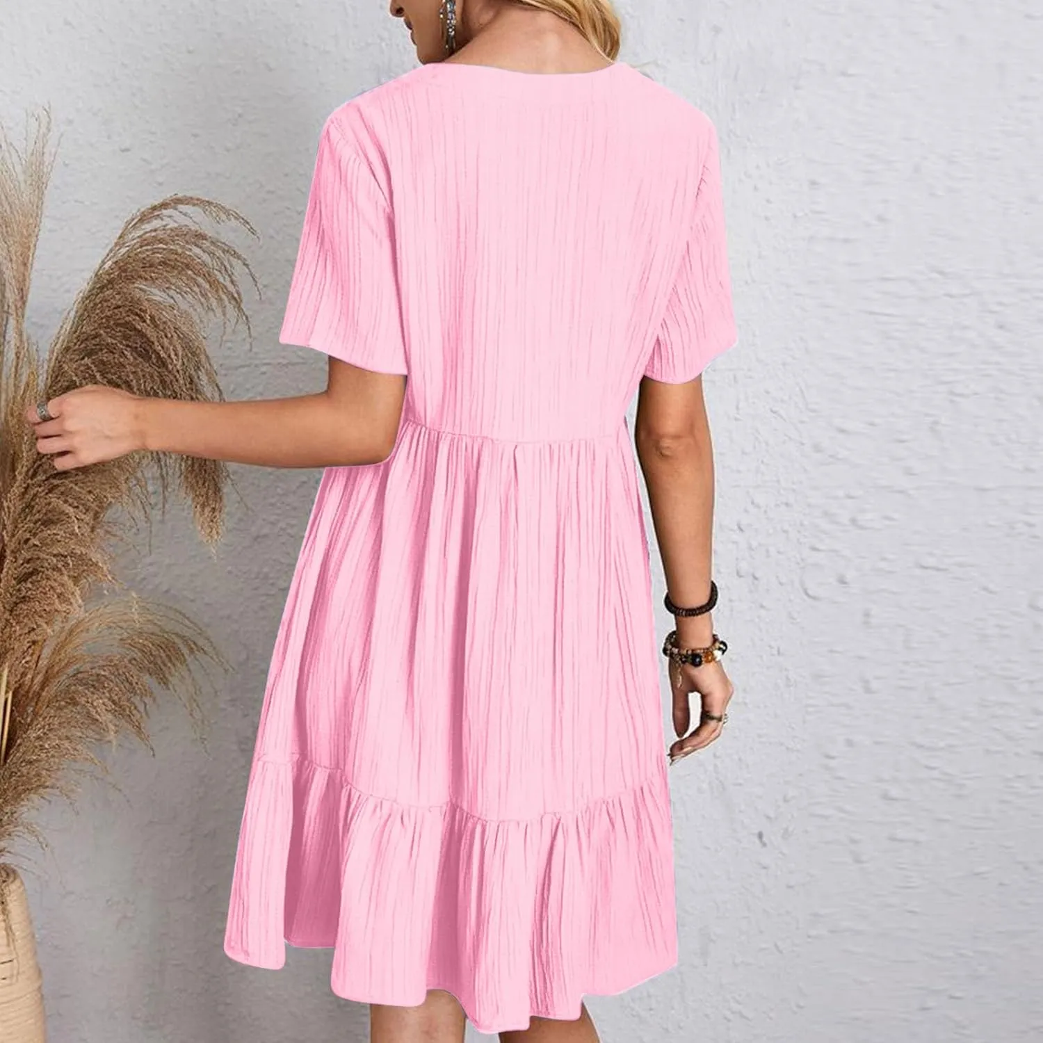 HJuyYuah Tiered A Line Knee Length Wedding Guest Midi Dress with Sleeves Casual Womens Flowy Summer Dresses for Women 2025