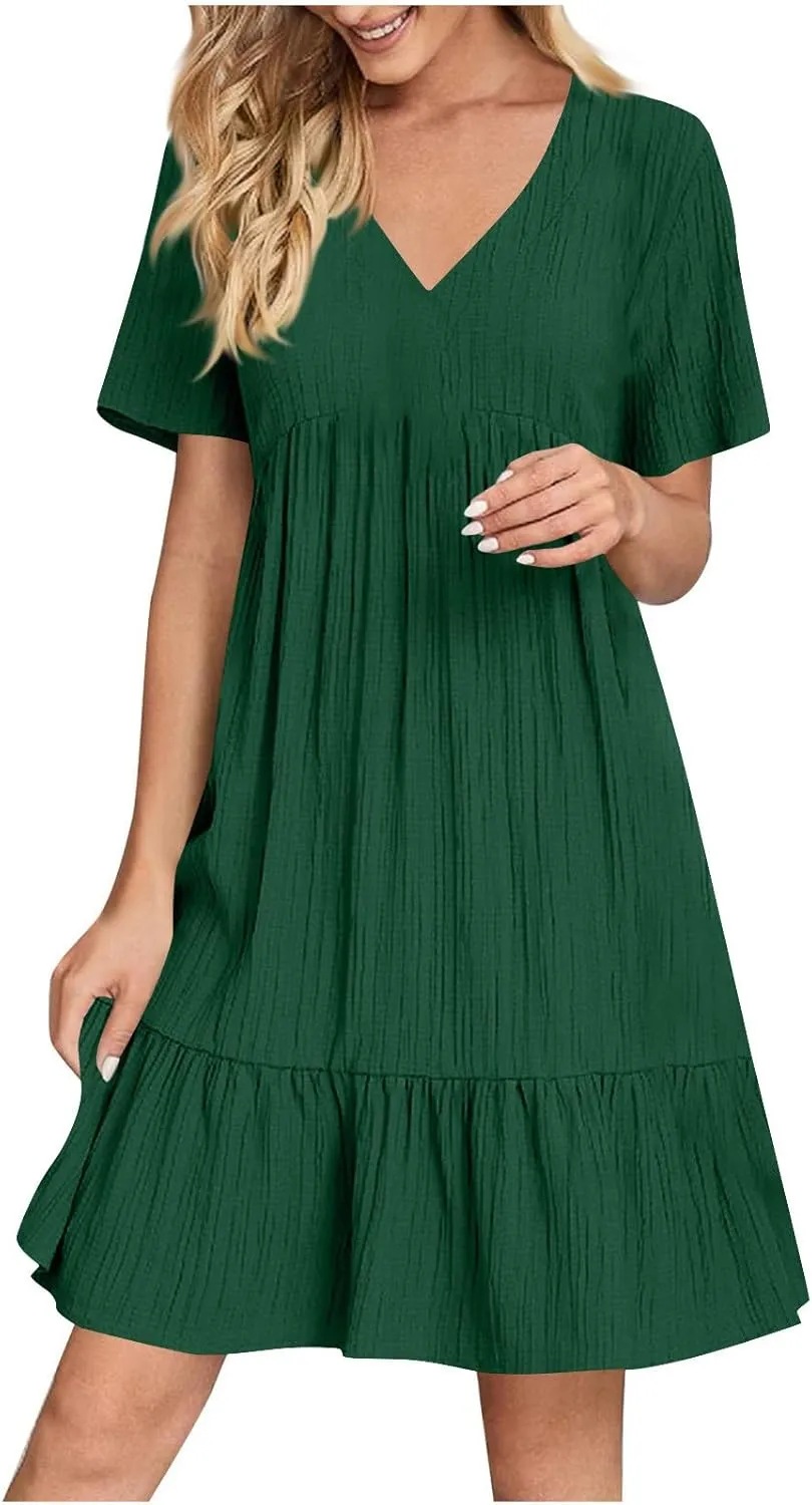 HJuyYuah Tiered A Line Knee Length Wedding Guest Midi Dress with Sleeves Casual Womens Flowy Summer Dresses for Women 2025