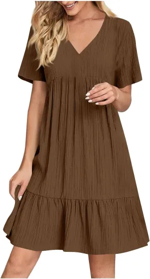 HJuyYuah Tiered A Line Knee Length Wedding Guest Midi Dress with Sleeves Casual Womens Flowy Summer Dresses for Women 2025