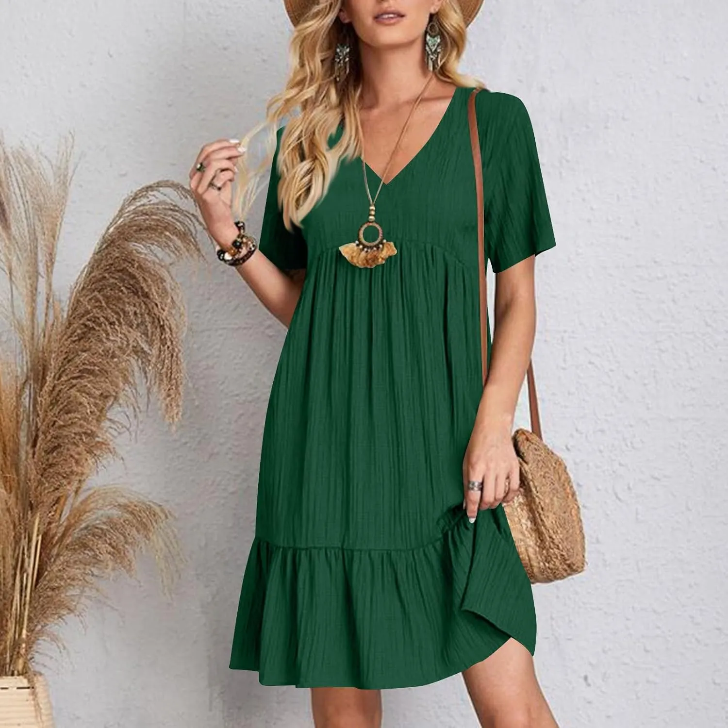 HJuyYuah Tiered A Line Knee Length Wedding Guest Midi Dress with Sleeves Casual Womens Flowy Summer Dresses for Women 2025