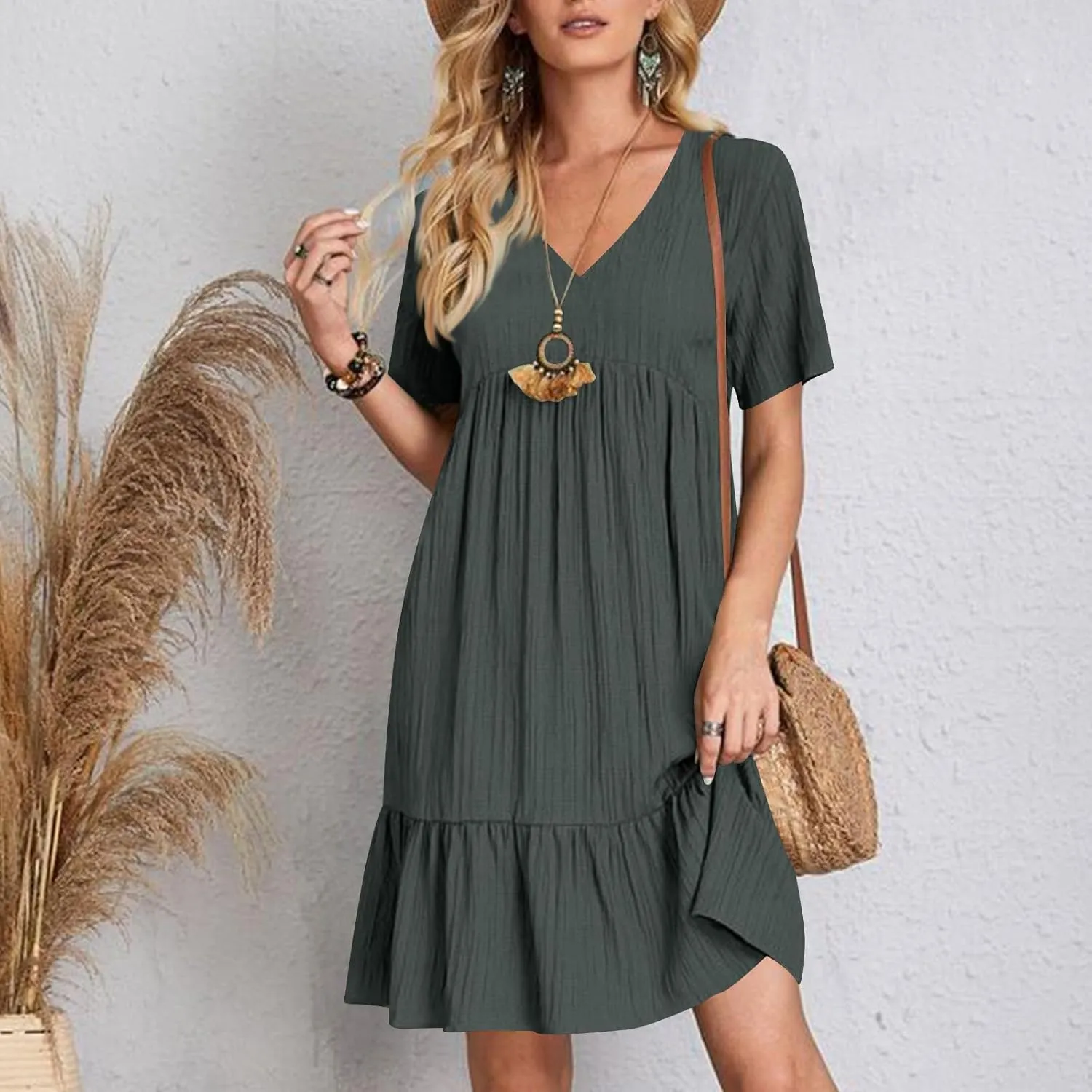 HJuyYuah Tiered A Line Knee Length Wedding Guest Midi Dress with Sleeves Casual Womens Flowy Summer Dresses for Women 2025