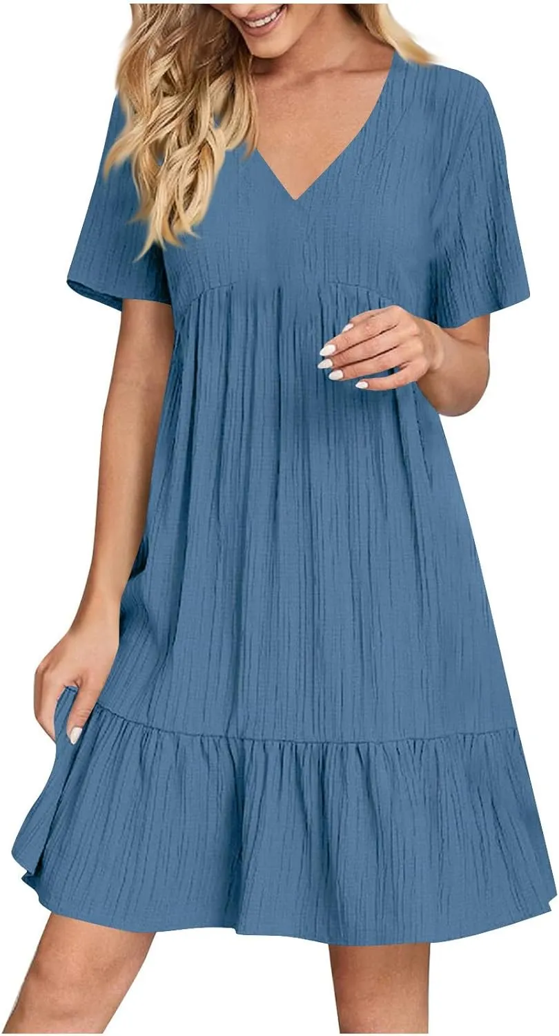 HJuyYuah Tiered A Line Knee Length Wedding Guest Midi Dress with Sleeves Casual Womens Flowy Summer Dresses for Women 2025