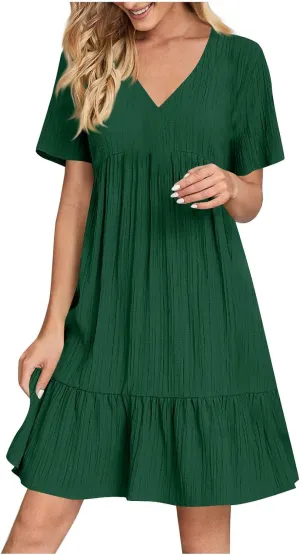 HJuyYuah Tiered A Line Knee Length Wedding Guest Midi Dress with Sleeves Casual Womens Flowy Summer Dresses for Women 2025