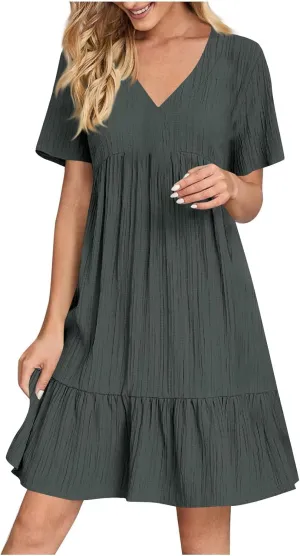 HJuyYuah Tiered A Line Knee Length Wedding Guest Midi Dress with Sleeves Casual Womens Flowy Summer Dresses for Women 2025