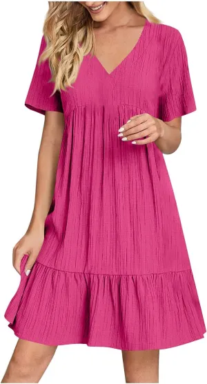 HJuyYuah Tiered A Line Knee Length Wedding Guest Midi Dress with Sleeves Casual Womens Flowy Summer Dresses for Women 2025