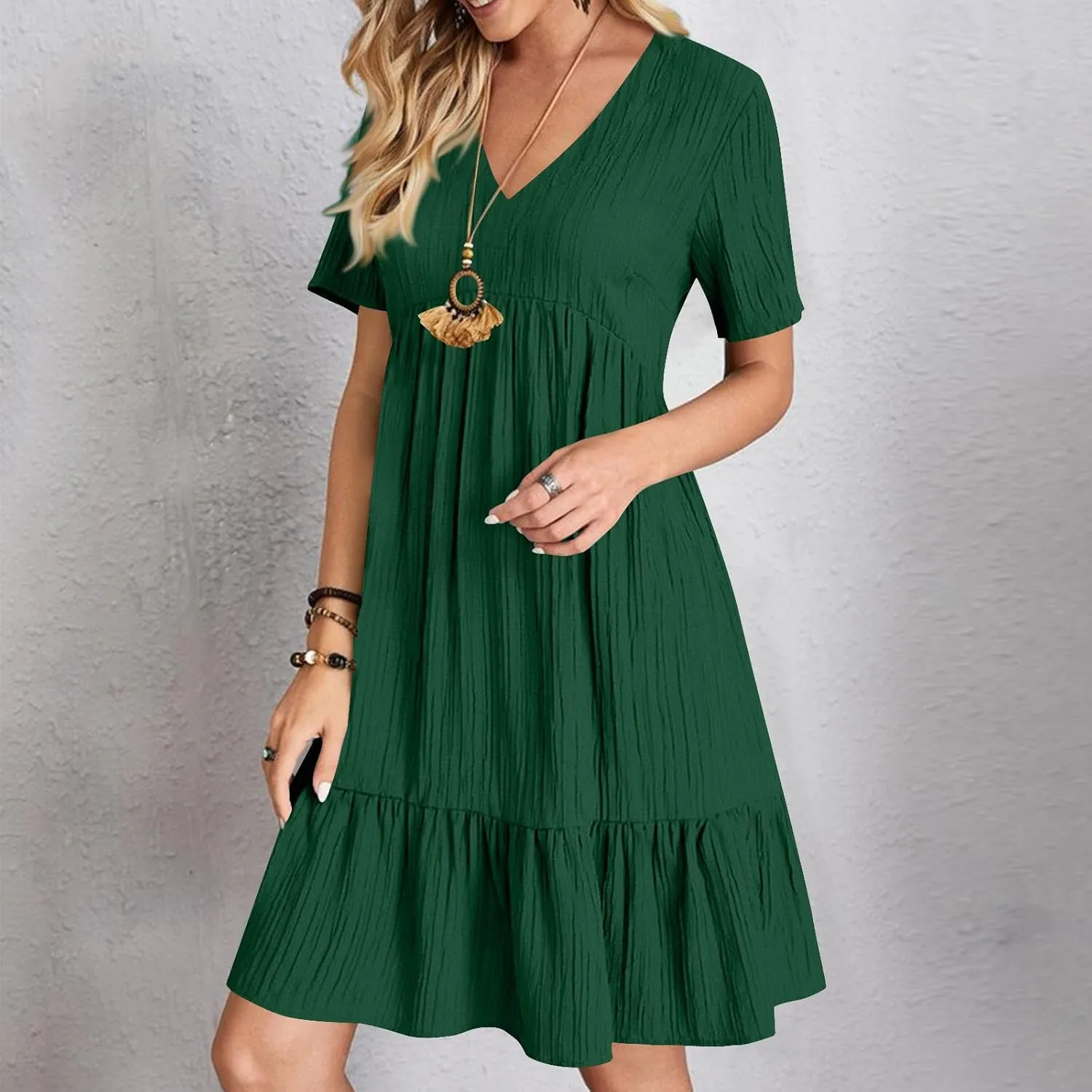 HJuyYuah Tiered A Line Knee Length Wedding Guest Midi Dress with Sleeves Casual Womens Flowy Summer Dresses for Women 2025