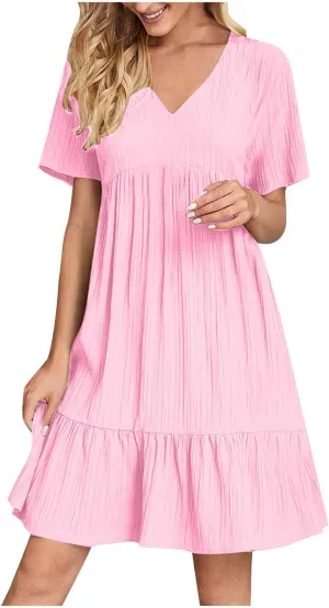 HJuyYuah Tiered A Line Knee Length Wedding Guest Midi Dress with Sleeves Casual Womens Flowy Summer Dresses for Women 2025