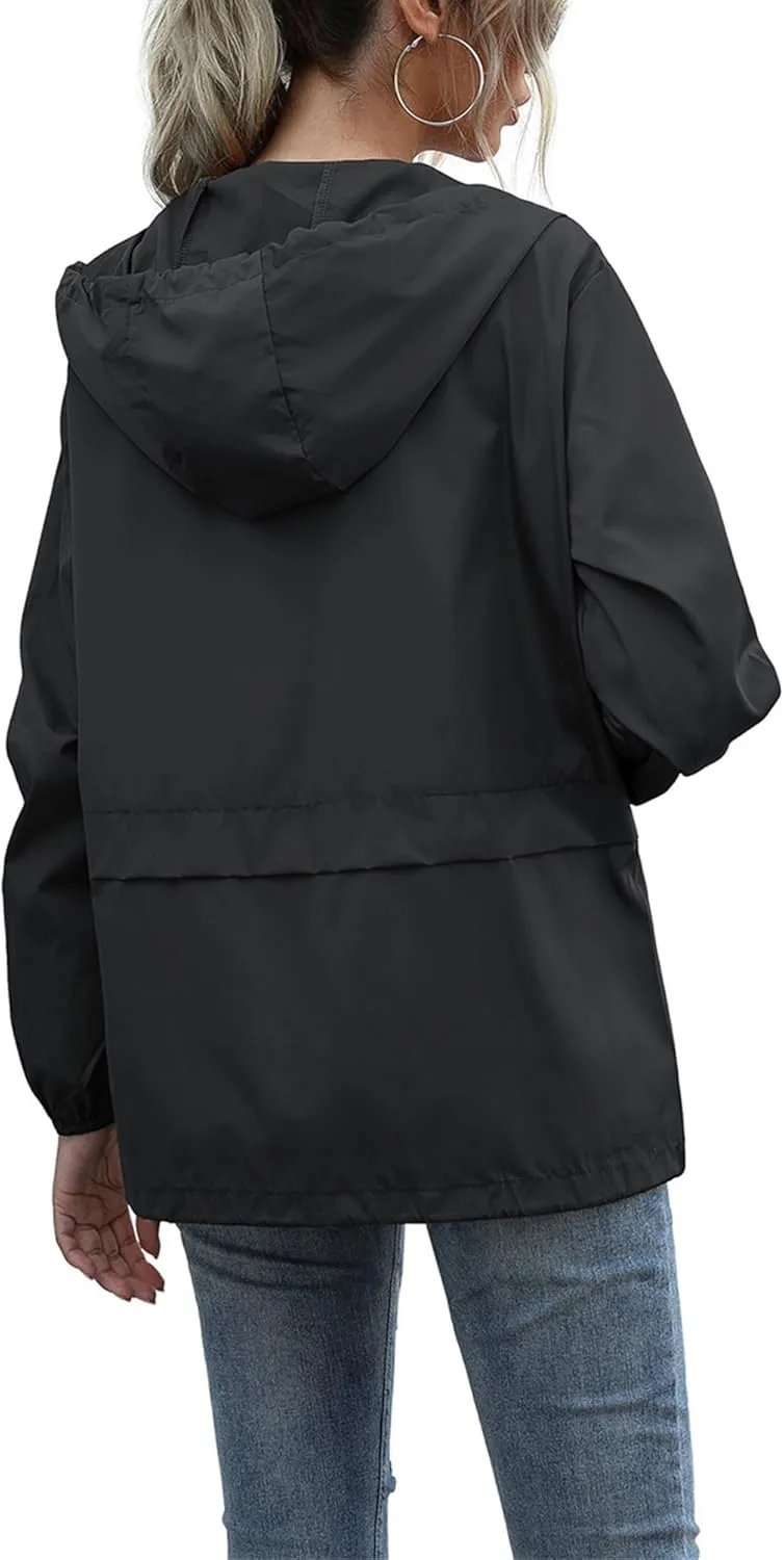 Hooded Rain Jacket Women Lightweight Waterproof Raincoat Casual Packable Outdoor Windbreaker with Pockets