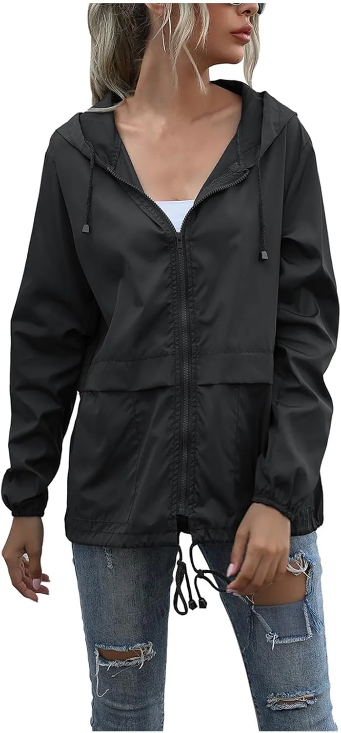 Hooded Rain Jacket Women Lightweight Waterproof Raincoat Casual Packable Outdoor Windbreaker with Pockets