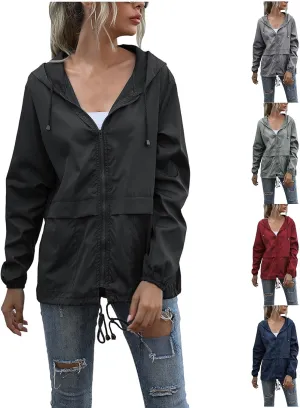 Hooded Rain Jacket Women Lightweight Waterproof Raincoat Casual Packable Outdoor Windbreaker with Pockets