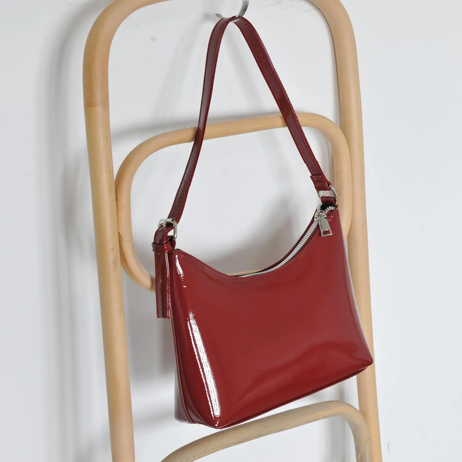 HOXIS Minimalist Faux Patent Leather Shoulder Bag Shiny Women Purse Y2K Style