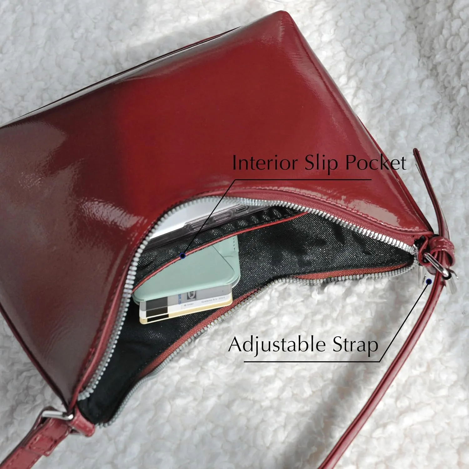 HOXIS Minimalist Faux Patent Leather Shoulder Bag Shiny Women Purse Y2K Style